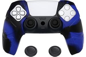 PlayVital Mecha Edition Blue & Black Ergonomic Soft Controller Silicone Case Grips for ps5, Rubber Protector Skins with Thumb