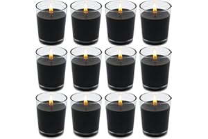 BERYSCEN Set of 12 Black Votive Candles for Halloween Pumpkin, Clear Glass Filled Unscented Soy Wax Candle for Dinner, Parties, Home Decorations and DIY