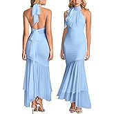 HTZMO Women Halter Tie Formal Wedding Guest Maxi Dress Sexy Backless Bow Bodycon Ruched Cocktail Party Long Dresses