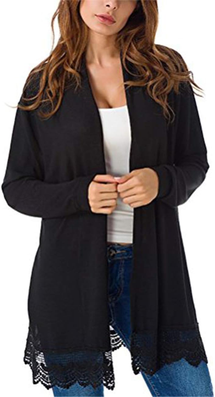 Women's Elegant Black Lacy Splicing Sweater Cardigan Long Sleeve Open Front Knitted Cardigan Plus Size Cover Up