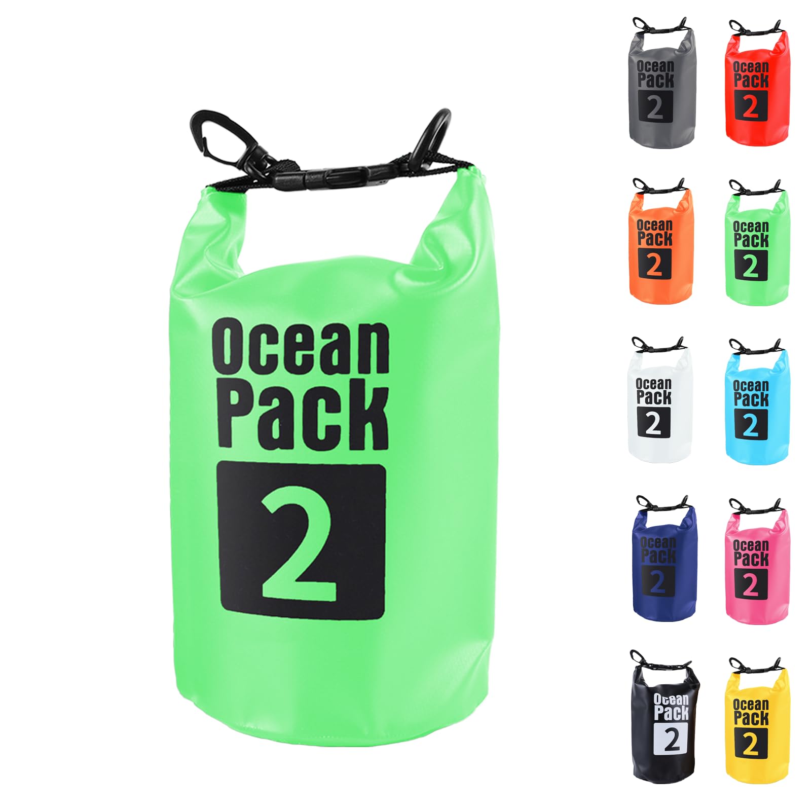 Dry Bag 2L, Boat Dry Bags Green Waterproof Bag Dry Sack Roll Top Long Adjustable Shoulder Strap 2L/5L/10L/20L/30L/40L for Drifting Boating Kayaking Fishing Rafting Swimming Camping Canoeing Surfing