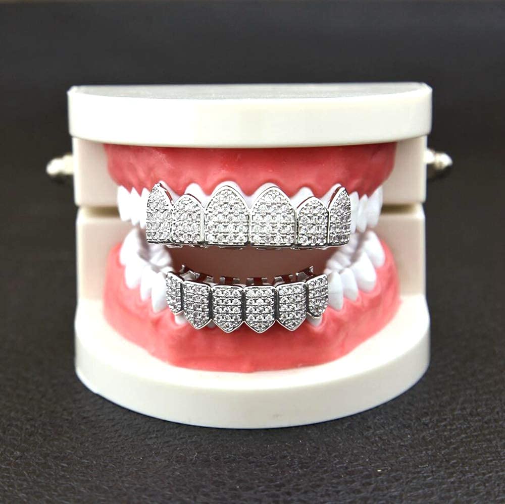 HH BLING EMPIRE Iced Out Diamond Teeth Grillz for Men Women, Hip Hop Silver Grills for your teeth Top and Bottom, Rapper Costume Mouth Grillz with Silicone Molding Bars