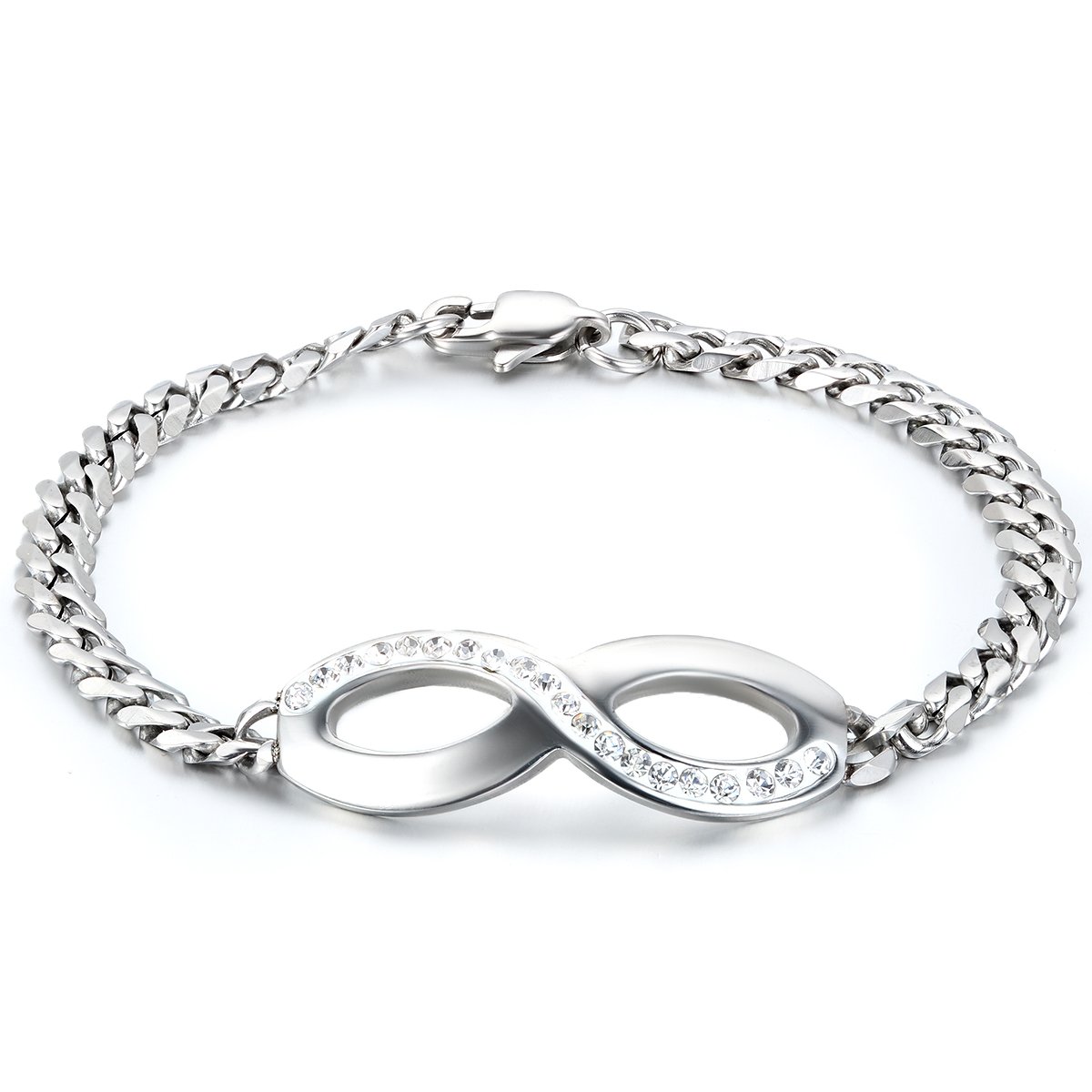JewelryWe Stainless Steel Interlocking Infinity Chain Bangle Figure 8 Bracelet 7.9 Inch Length - 5mm Width (with Gift Bag)