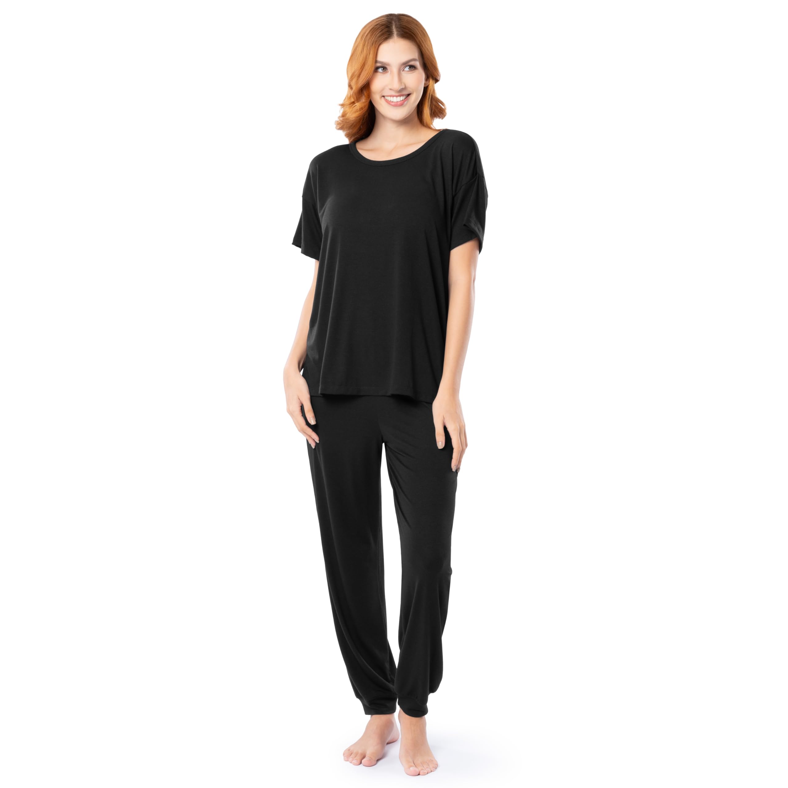 Fruit of the Loom Women’s Breathable Short Sleeve Top and Jogger Pant Sleep Pajama Set, Black, X-Large