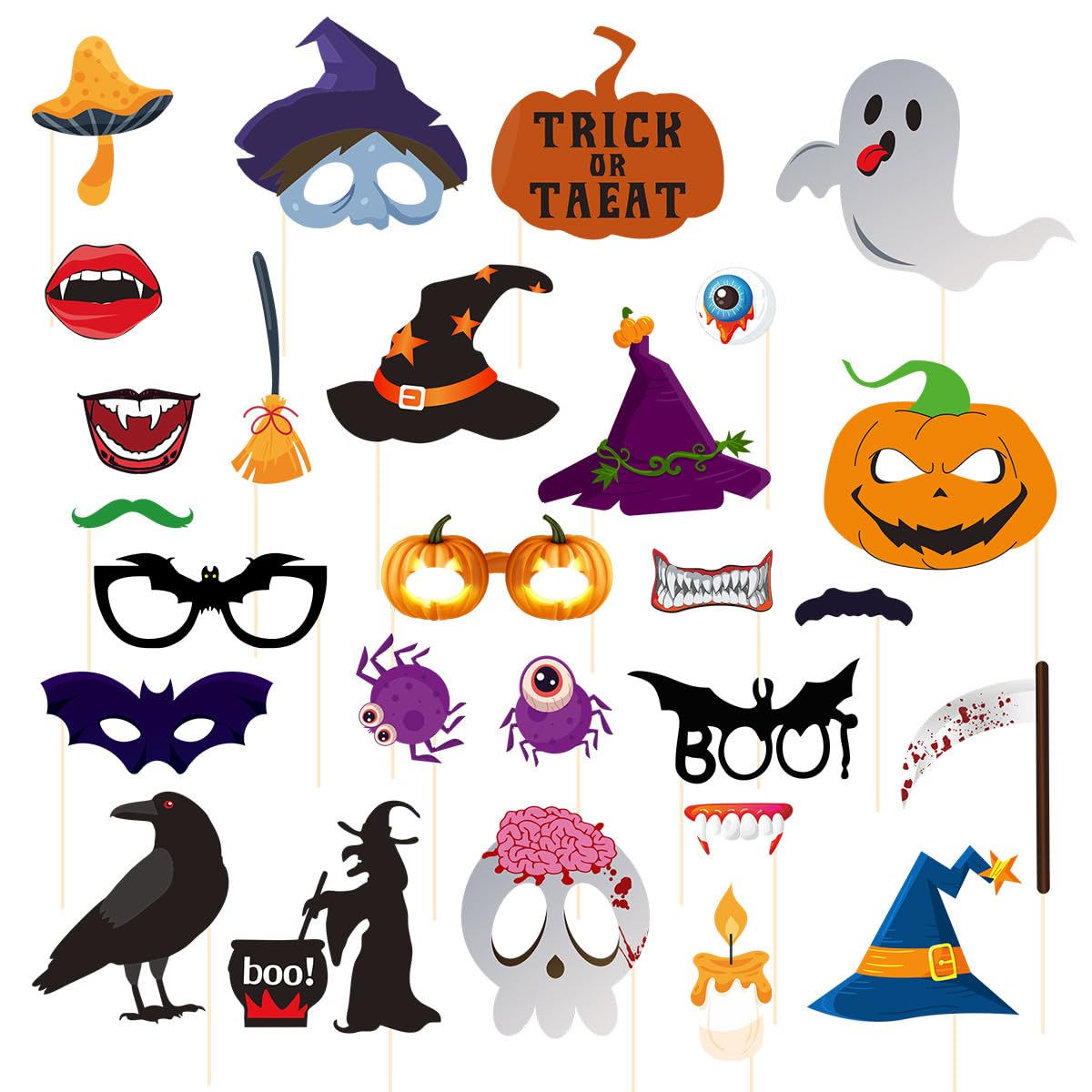 27PCS Halloween Photo Booth Props for Halloween Party Decorations,Halloween Ghost Paper Props Fancy Paper Pumpkin Eyeglasses for Kids Family Halloween Party Supplies