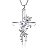 Seiyang Butterfly/Dragonfly Cross Birthstone Necklace 925 Sterling Silver Butterfly/Dragonfly Cross Pendant Necklace with 12 Months Birthstone Trendy Anniversary Jewelry Gift for Women Her