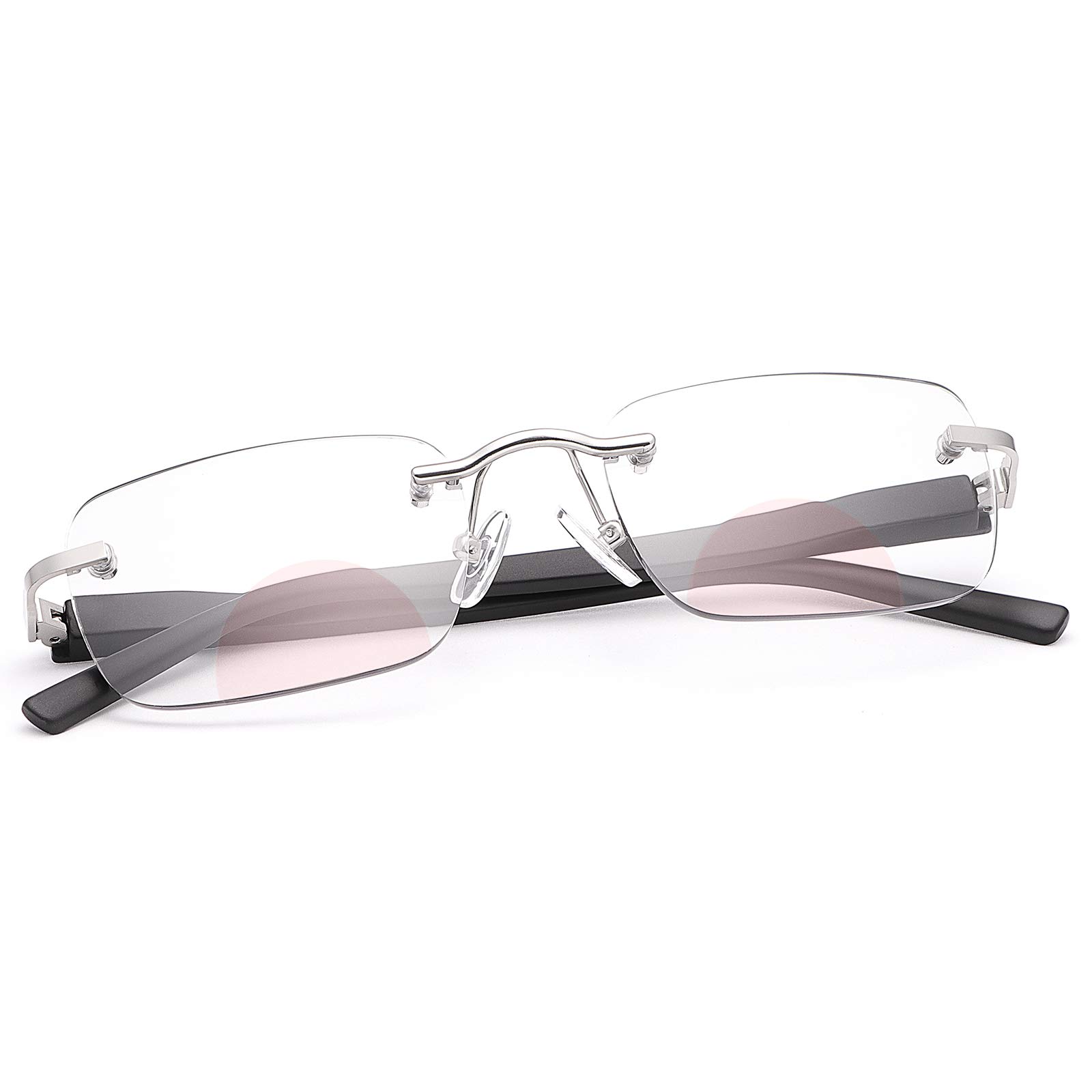 Rimless Spring Hinge Photochromic Bifocal Sunglasses Blue Light Blocking Computer Reading Glasses UV400 Protection Transition Sun Readers Anti Glare Reduce Eyestrain Eyewear Eyeglasses for Men Women