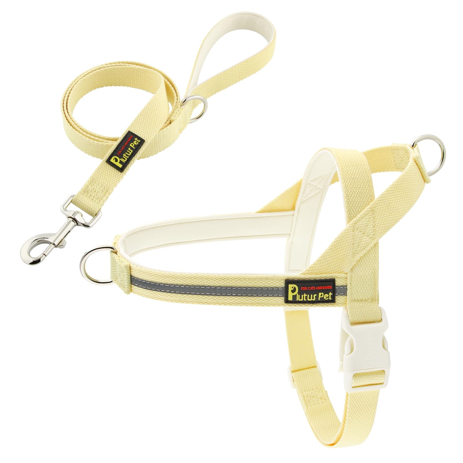 Plutus Pet Cotton Dog Harness and Lead Set, Reflective and Soft Padded, Quick Fit Vest Harness, for Small, Medium and Large Dogs, Light Yellow, M