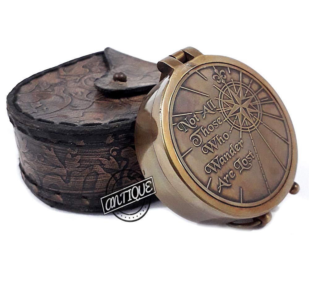 Vintage Antique Brass Compass in Leather Case with Beautiful Engraved Quote on Compass Best Gift For Younger/Elder