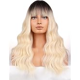 BERON Blonde Womens Wig Long Curly Hair Wig with Bangs Girls Ombre Blonde Wavy Heat Resistant Synthetic Wigs for Cosplay or Daily Use