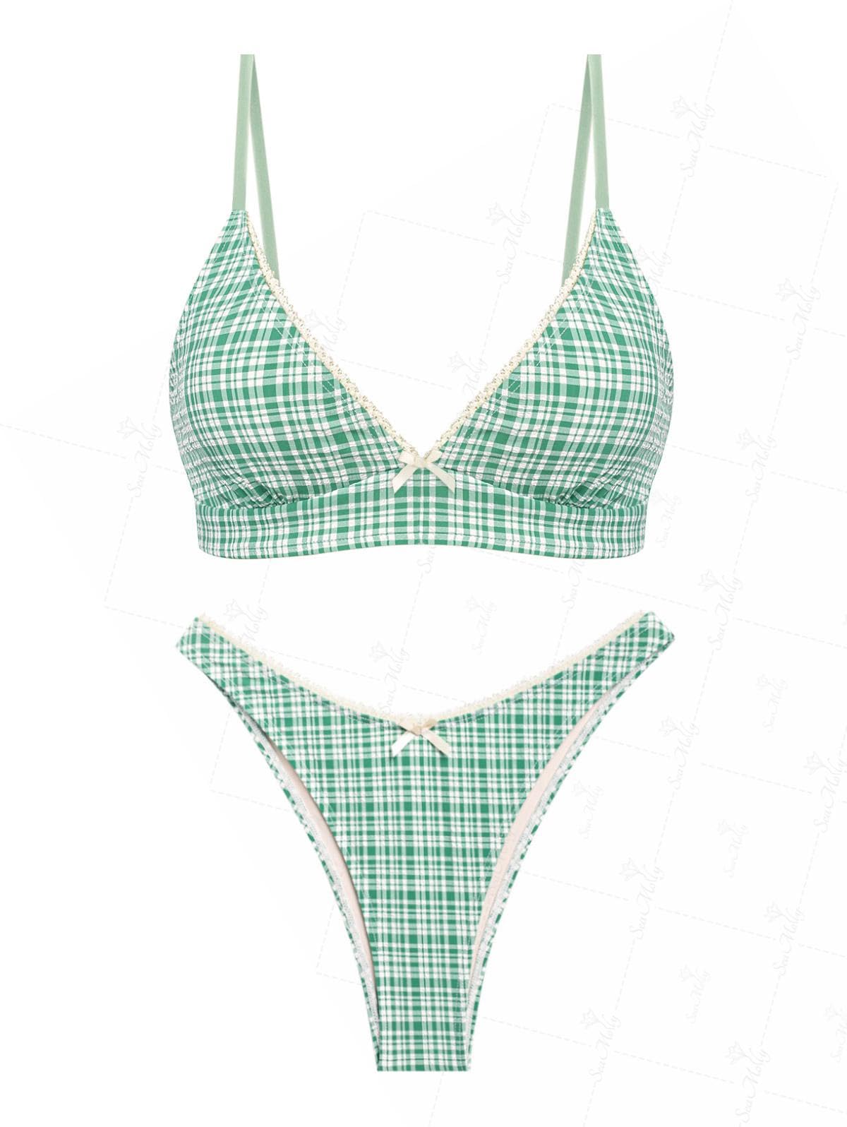 Photo 1 of seamoly Gingham Bowknot Decor Tied Back Cheeky Bikini Set,Light Green,M