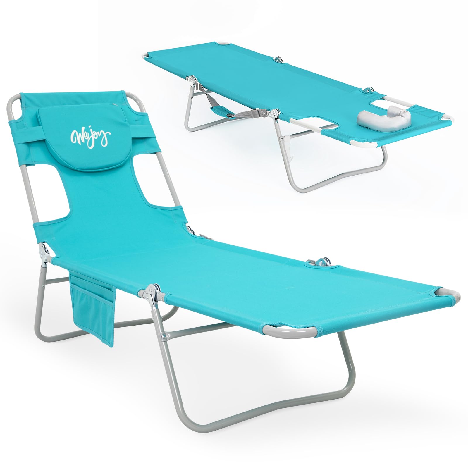 View 1 of #WEJOY Folding Tanning Chair with Face Hole, 5 Positions Face Down Beach Lounge Chairs with Pillow for Outside Sunbathing Poolside (Cyan)