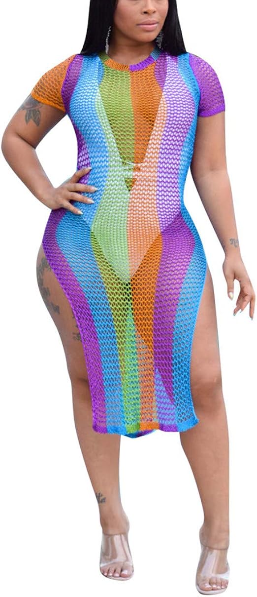 Women's Sexy Rainbow Fishnet Dress - Hollow Out Knitted See Through Mesh Swimwear Dress High 
