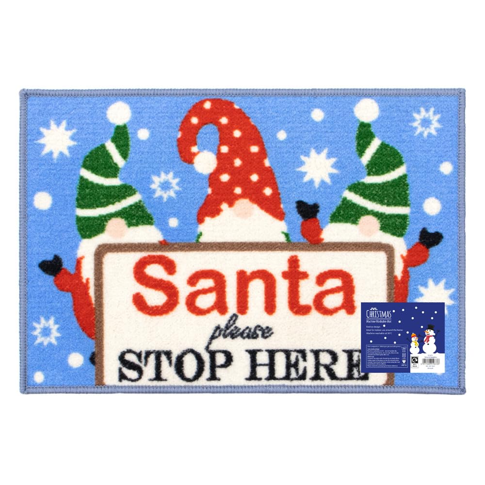 JVL Festive Christmas Machine Washable Indoor Doormat, Santa Stop Here, Blue, Size: 40x57cm Approx…