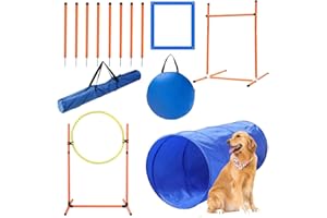 PLKO Dog Agility Training Equipment Set, Training Starter Kit Dog Obstacle Course, with Tunnel, 8 Weave Poles, Adjustable Hurdle, Jump Ring, Pause Box and Carrying Bag