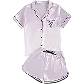 Rooscier Women's Satin Pajamas Set V Neck Short Sleeve Shirt With Shorts Sleepwear