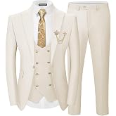 SPTALLFITJSV Men's 3 Piece Suits Slim Fit | Blazer Jacket Double Breasted Vest and Pants Suit Set with Gold Button for Wedding Prom Business