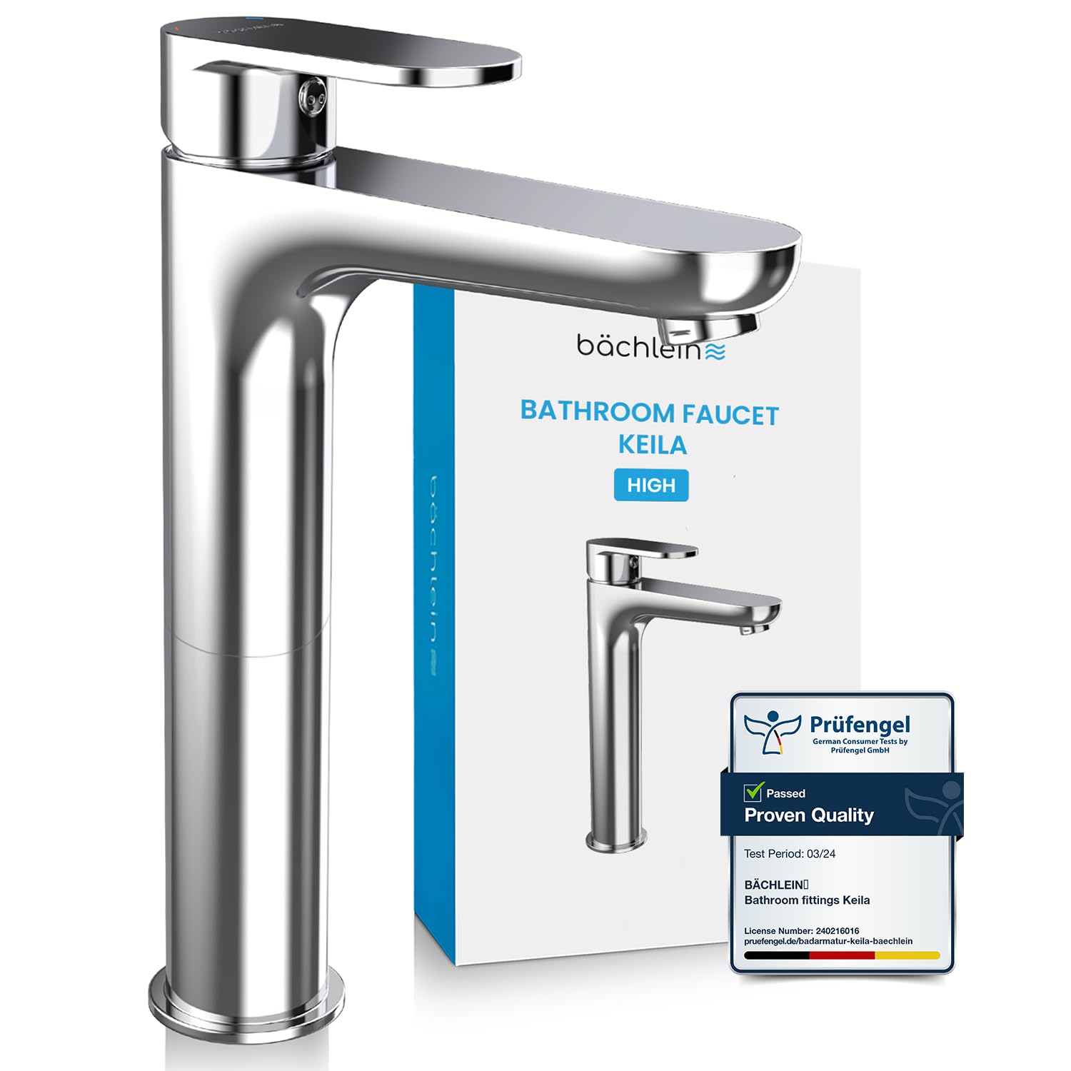 Bächlein High Tap for The Bathroom in Classic Design, Extra High Single-Lever Mixer for Countertop Washbasin with Installation Set, Chrome Bathroom Faucet - Classic High