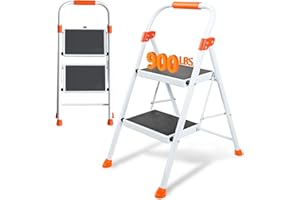 2 Step Ladder, Folding Step Stool with Orange Cushioned Handle, White Sturdy Step Ladder with Wide Anti-Slip Pedal, 900 lbs C