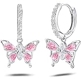 Butterfly Earrings 925 Sterling Silver Butterfly Huggie Hoop Earrings for Women CZ Dangle Hoop Earrings Butterfly Birthstone Jewelry for Mother's Day Valentine Birthday Gifts
