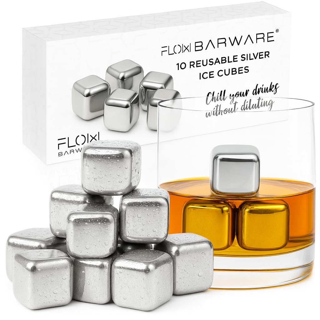 FLOW Barware Metal Whiskey Stones | 10x Metal Ice Cubes for Whiskey, Wine & Gin & Tonic | Steel Ice Cubes Filled with A Quick Freeze Gel for Undiluted Drinks | Silver