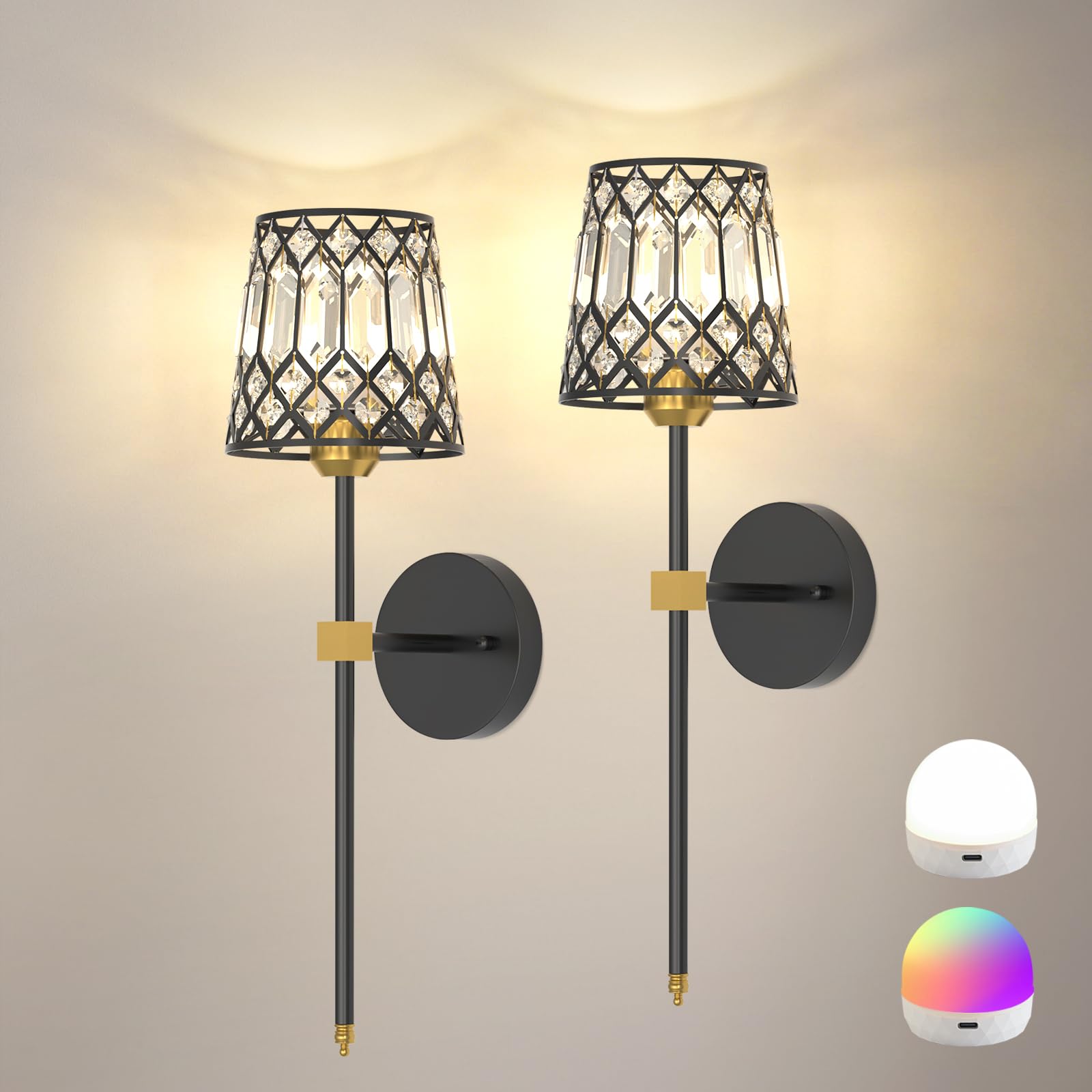Photo 1 of Black and Gold Battery Operated Wall Sconces Set of 2, Crystal Rechargeable Wireless Wall Sconce Lights for Home Decor, Dimmable 12 RGB and 3CCT Wall Lamps with Remote for Living Room Bedroom Hallway
