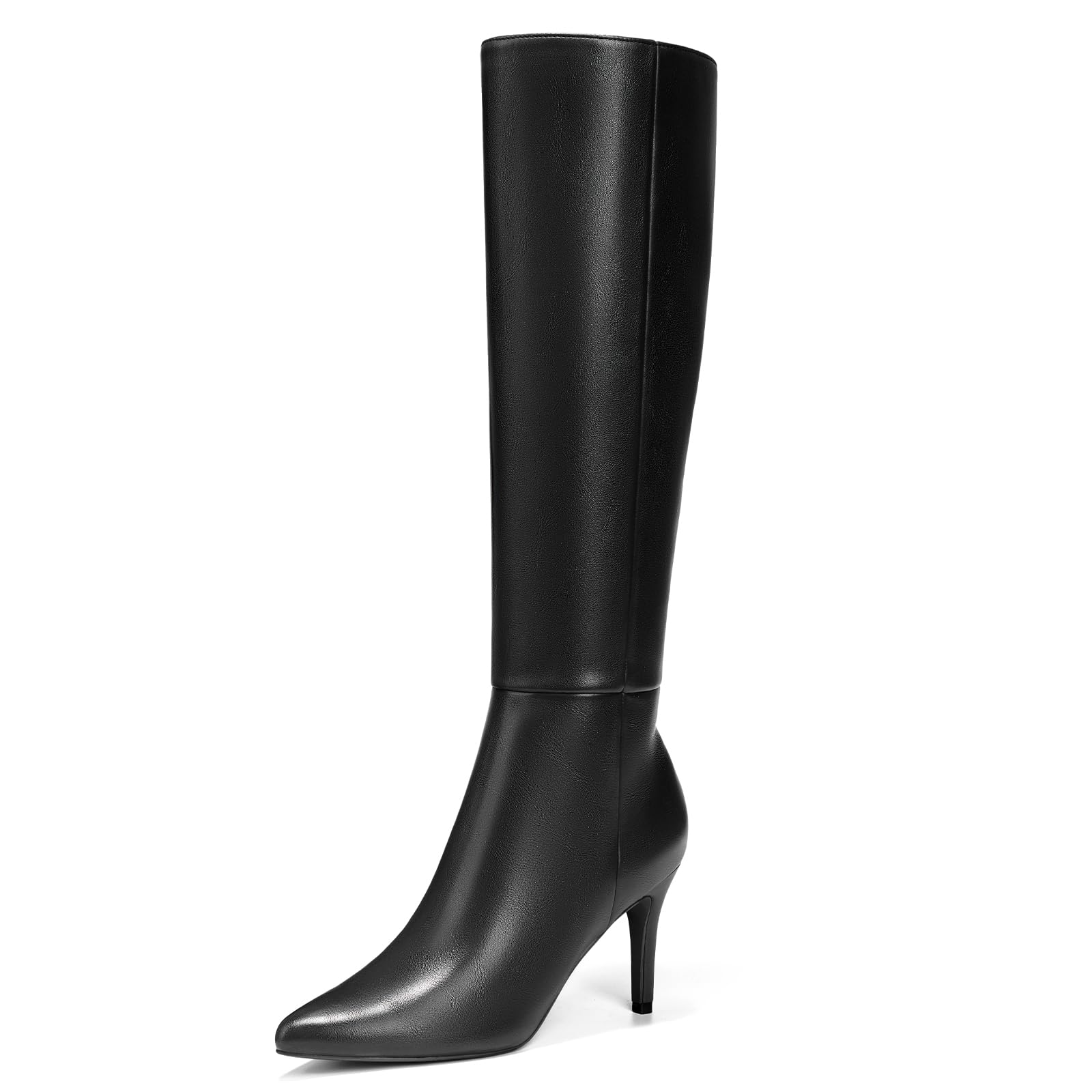 Photo 1 of ALICEPUB Black Boots Knee High Boots for Women Tall Boots Long Heeled Boots High Boots with Side Zipper Sexy Pointed Toe Leather Dress Boots Stiletto Heels, Size 7