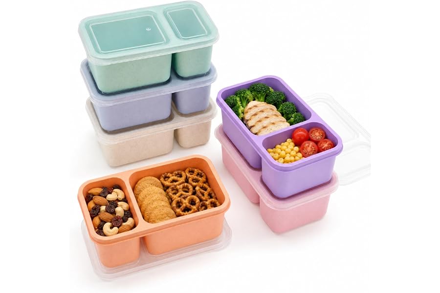 HestiaSnax 6 Pack Bento Snack Boxes, 2 Compartments, Wheat Straw | Reusable Food Storage for Kids & Adults, Large and Small Sections, Meal Prep for School Office Travel
