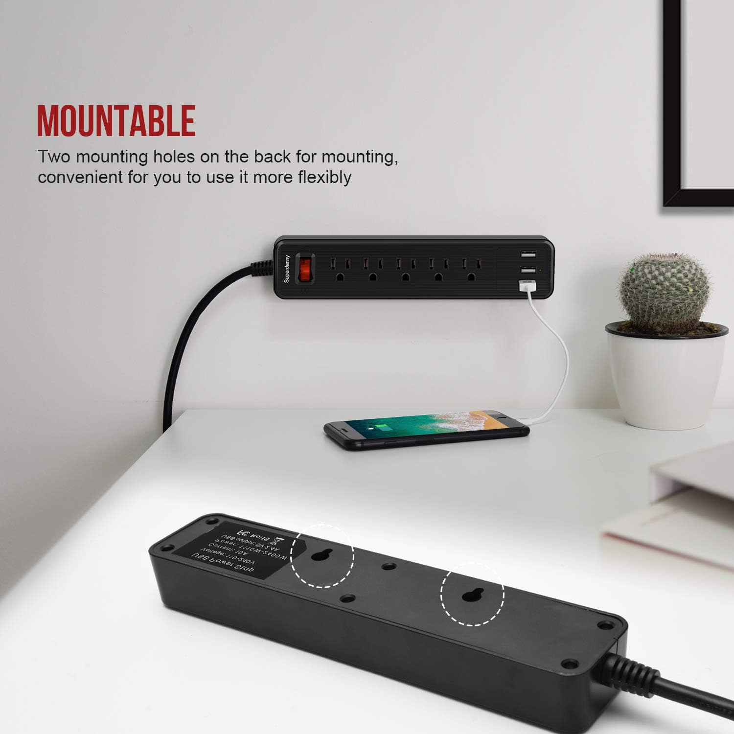 SUPERDANNY USB Surge Protector Power Strip Mountable Extension Cord Multiple Protection 5 Outlet 3 USB Port with Hook & Loop Fastener for iPhone iPad PC Home Office Travel Black: Electronics