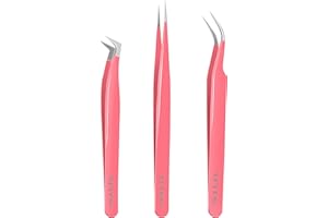 VEYES INC Lash Tweezers for Eyelash Extensions,High Precision Tweezers Kit Contains Isolation,Curved and Volume Lash Tweezers (3pcs) Pink