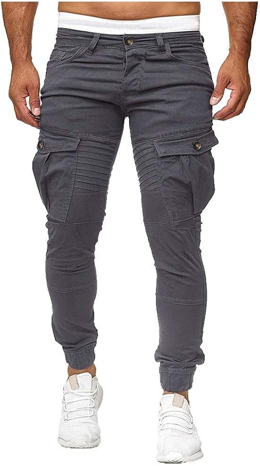 Pants Men's Zipper Pocket Slim Classic Cargo Fit Pants Solid Color