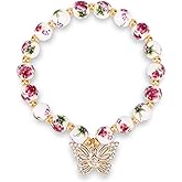 Floral Butterfly Bead Bracelet, Vintage Adjustable Flower Butterfly Porcelain Beads Bracelet Handmade Boho Dainty Jewelry Gift for Women Friendship