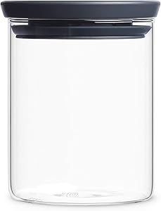 Brabantia Stackable Glass Jar, + Grey Lid, for Storage, Accessories, 0.6l, 298288