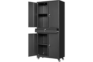 Yizosh Metal Garage Storage Cabinet with Locking Doors and Adjustable Shelves, 73" Rolling Tool Storage Cabinet with 4 Wheels and 1 Drawer for Garage,Warehouse (Black)