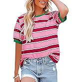 Lyking Women's Summer Tops 2025 Striped Color Block Short Sleeve T-Shirts Crewneck Casual Loose Basic Tee Blouses