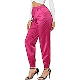 Allegra K Women's Satin Pants Drawstring Elastic Waist Straight Leg Ankle Length Dressy Joggers with Pockets