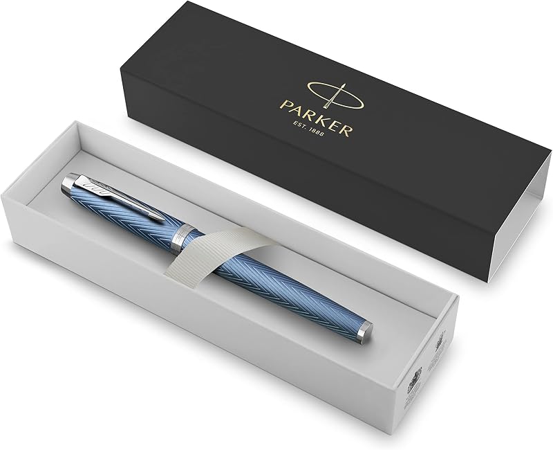Parker IM Fountain Pen Premium Blue Grey Chrome Trim Fine Point Gift Box