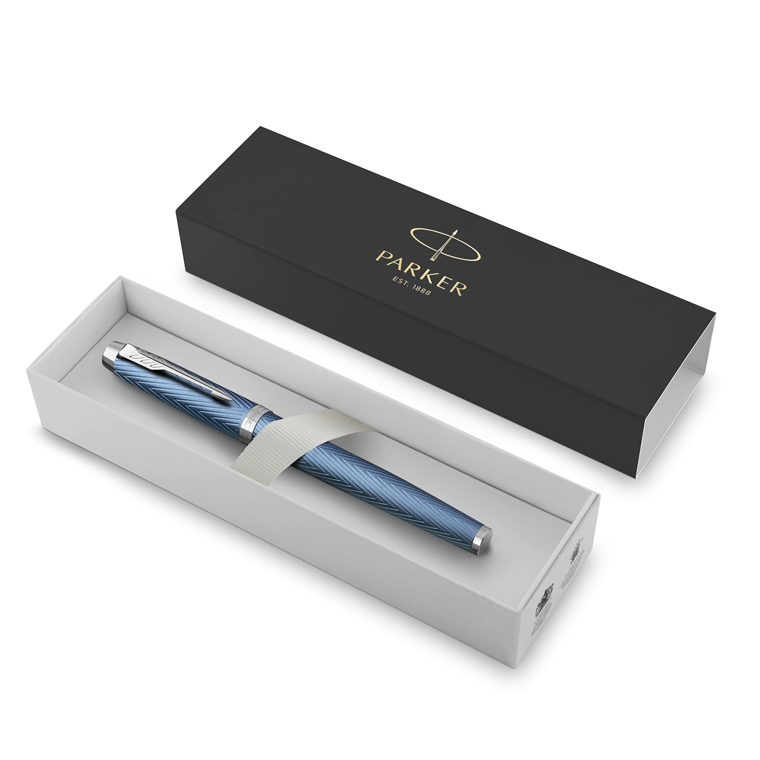 Parker IM Fountain Pen | Premium Blue Grey with Chrome Trim | Fine Point with Blue Ink Cartridge | Gift Box