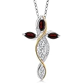 Cross Necklace For Women In 925 Silver and 10K Yellow Gold with Lab Grown Diamond and Red Garnet | 1.34 Cttw | Jesus Christian Religious Crucifix | Marquise Cut 8X4MM | With 18 Inch Chain