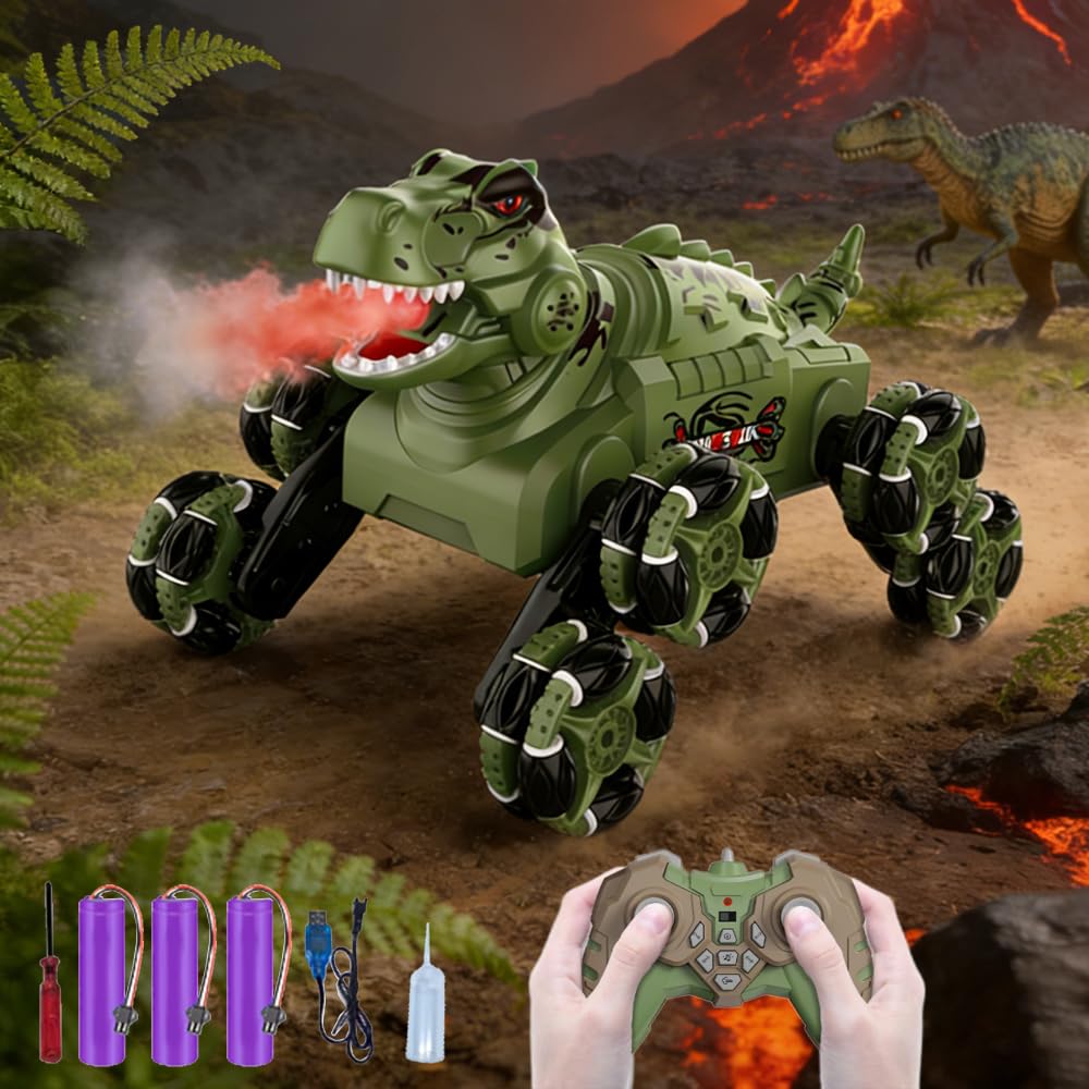 WRQIOO Remote Control Dinosaur Car, 2.4Ghz Dinosaur Monster Truck Remote Control, Re-mote Con-trol Di-nosaur Truck with 8-Wheeled, Light&Sound Spray for 3 4 5 6 7 8 Year Old Boy