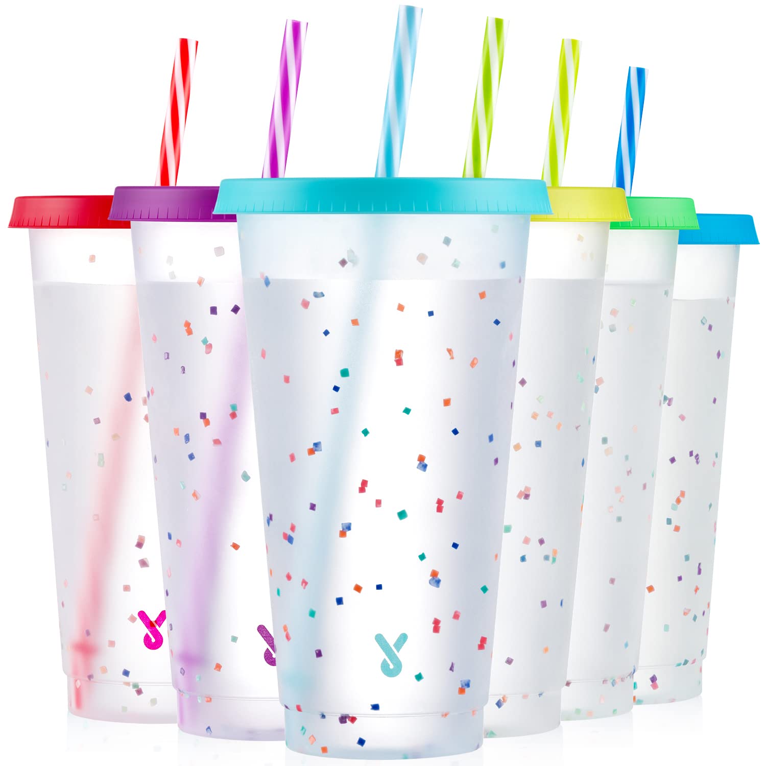 Photo 1 of Meoky Confetti Color Changing Cups with Lids and Straws for Iced Coffee, Party, Pool - 6 Pack 24oz Reusable Plastic Tumblers for Kids and Adults