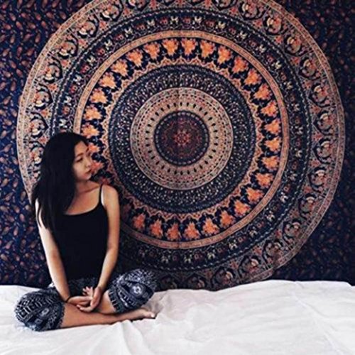 Usstore 148cmX210cm Bohemian Round Hippie Beach Throw Pool Home Beach Cover Up Dress Swimwear Bathing Suit Kimono Tunic Yoga Mat Fringing (D)