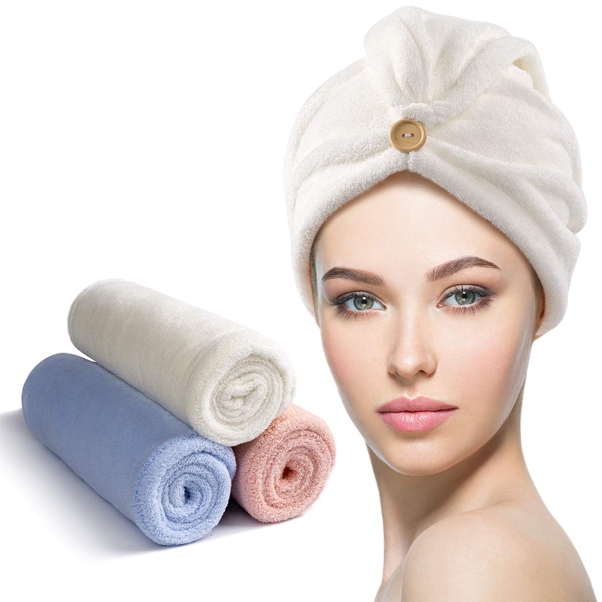 3 Pack Hair Drying Towels, Unimi Hair Towel with Button, Super Absorbent Microfiber Hair Towel for Curly Hair, Fast Drying Hair Wraps for Women Girls, Microfiber Towel for Hair, Blue &amp; White &amp; Pink