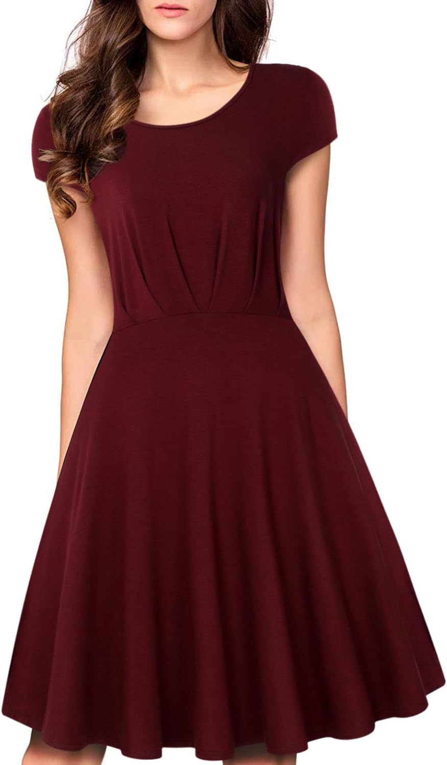 Diphi LiLi Women's Pleated Casual A Line Scoop Neck Cap Sleeve Dress
