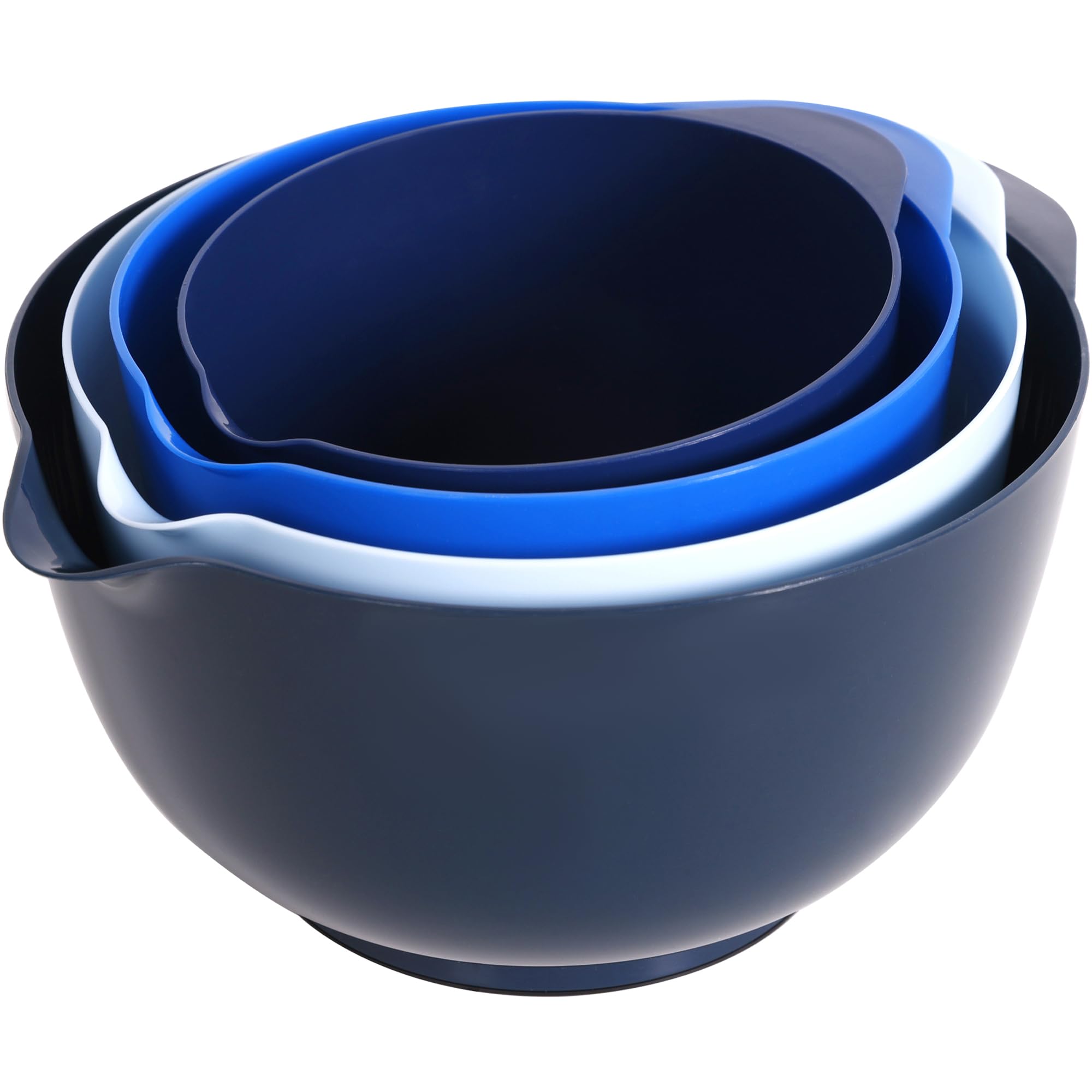 BoxedHome Blue Nesting Plastic Mixing Bowl Set with Pour Spout, Microwave and Dishwasher Safe, BPA Free Non-Slip Base, Set of 4 Size 1.7, 2.5, 3.5 and 4.5qt, Great for Prepping, Baking, Cooking