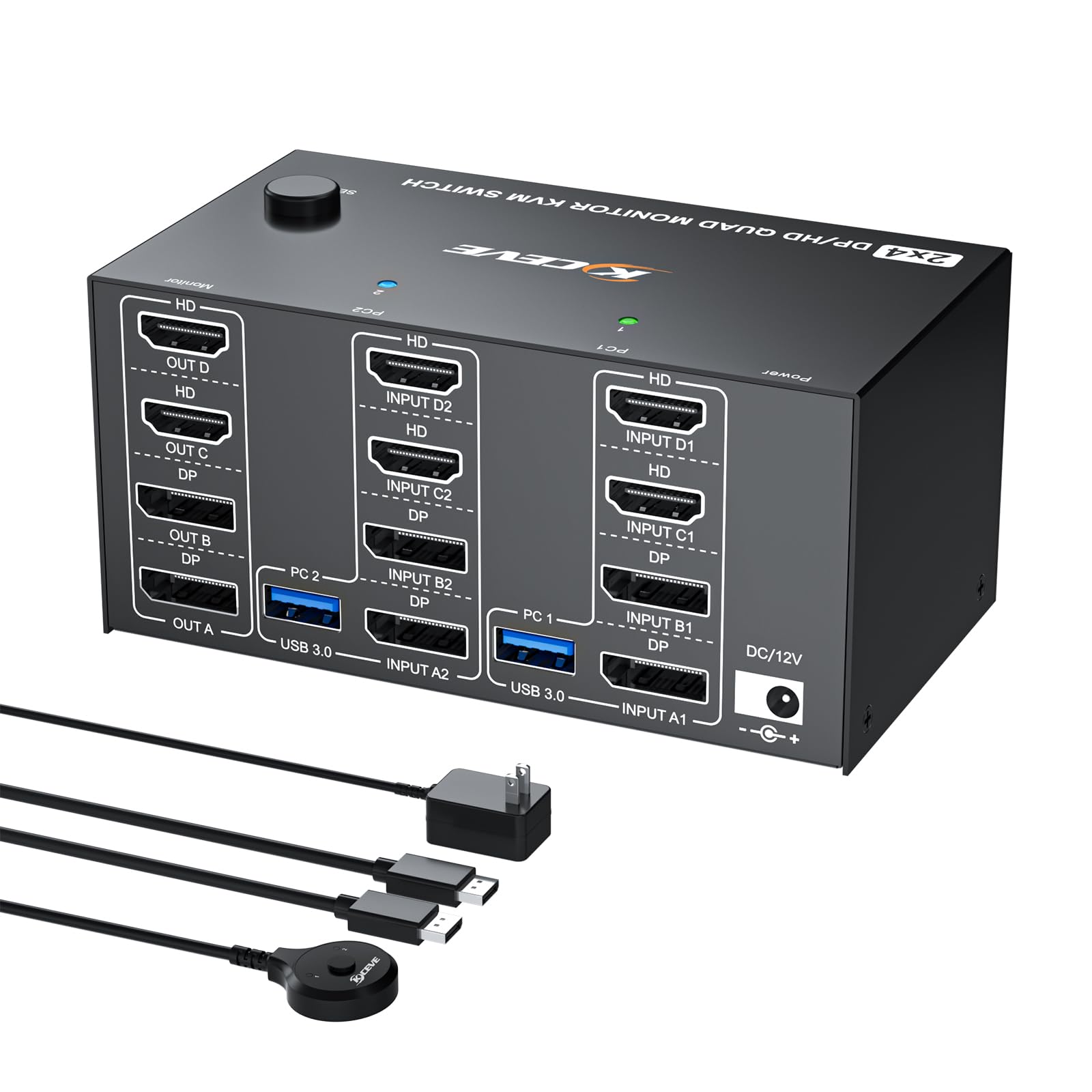 Photo 1 of Quad Monitor KVM Switch 4 Monitors 2 Computers 4K120Hz/8K@30Hz,USB 3.0 KVM Switch Quad Monitor for 2 PC Share 4 Monitors and Keyboard and Mouse,with Wired Remote and USB Cables,Input 2 HD+2 DP Port