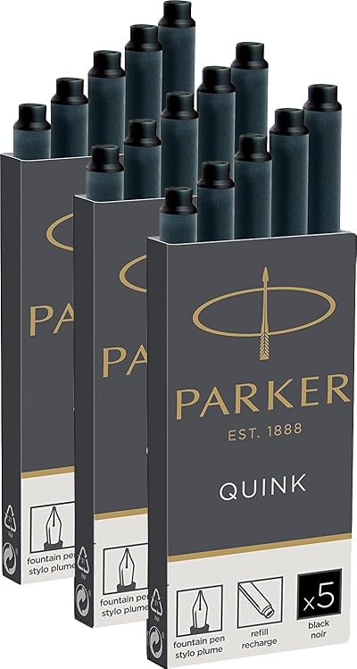 Parker Quink Fountain Pen Ink Cartridges Long Size Pack of 15 Black