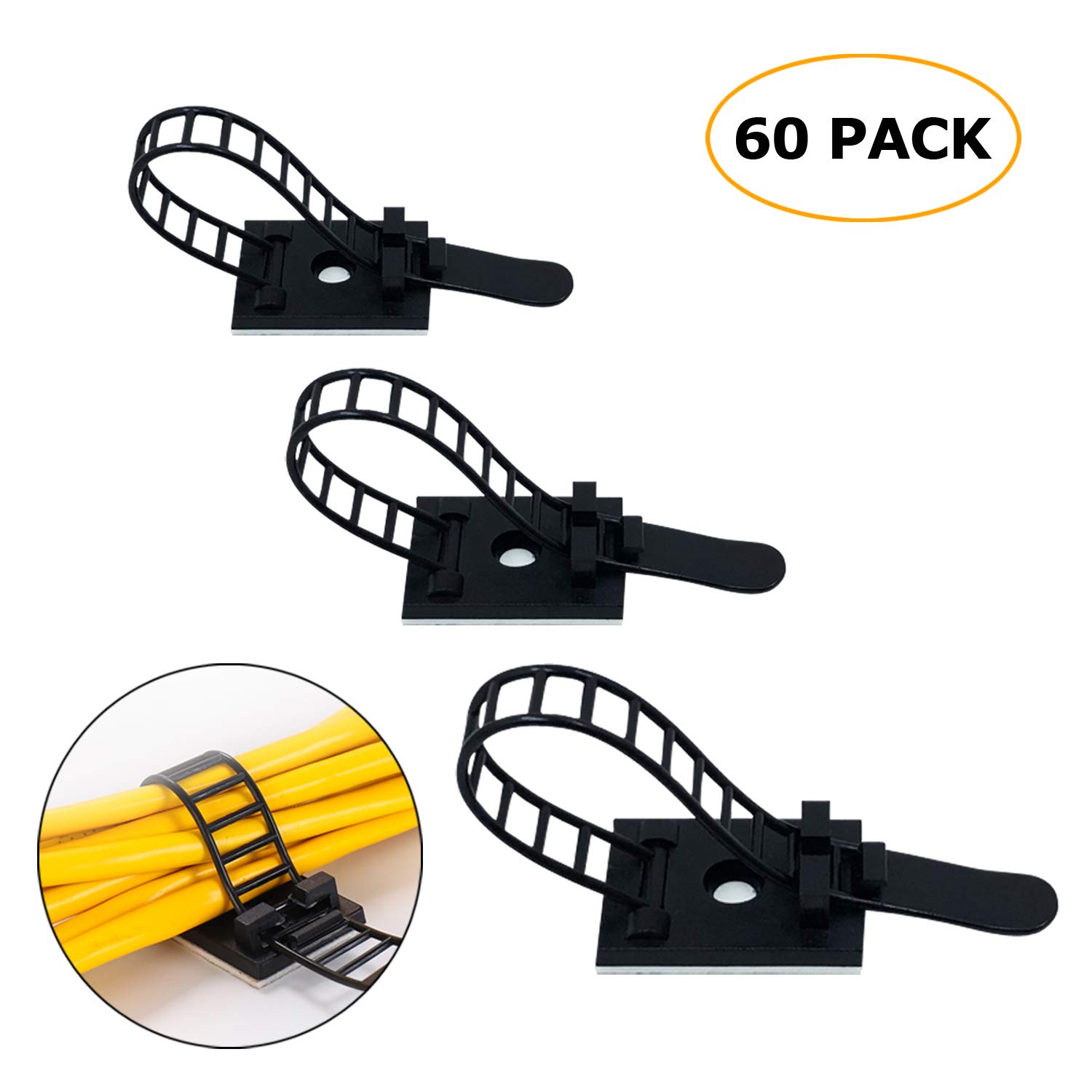 Negro 60 Piezas ajustable Cable Tie Bracket abrazadera de cable clip de