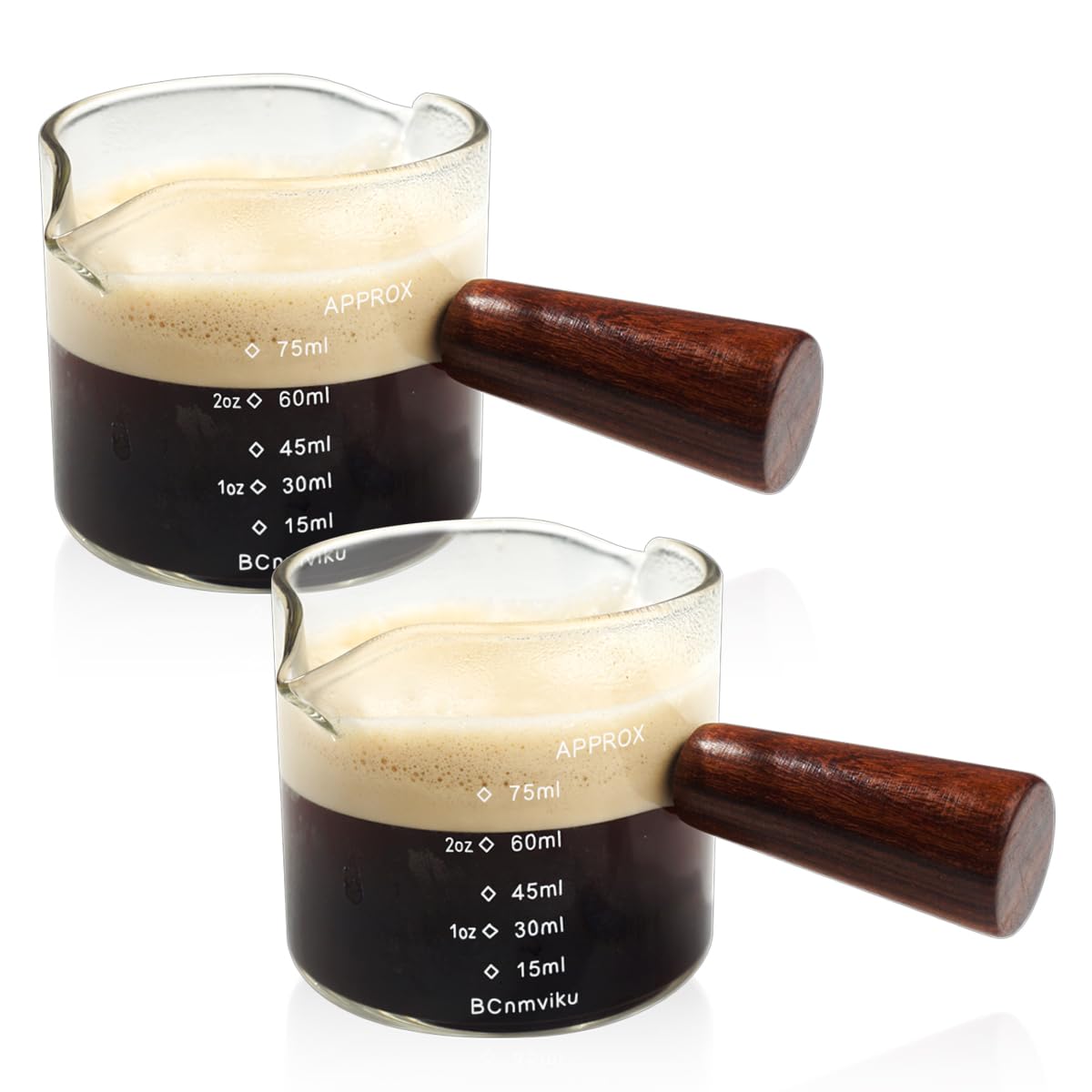 Photo 1 of 2 PCS Double Spouts Measuring Triple Pitcher Milk Cup with Wood Handle 75ML Espresso Shot Glasses Parts Clear Glass By BCnmviku