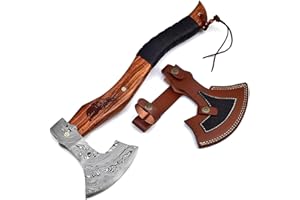 Dessi Viking Axe Damascus Steel Hatchet Tomahawk with Leather Sheath - Hand Forged Camping Axe Walnut Wood Handle Tiger Engra